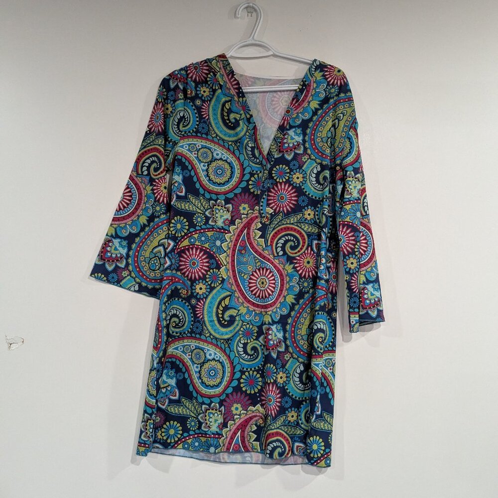 BNWT Made with Heart Paisley Deep V Dress/Tunic Blue Pink Size Medium